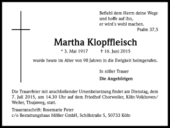 Anzeige von Martha Klopffleisch von Kölner Stadt-Anzeiger / Kölnische Rundschau / Express