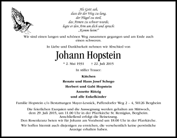 Anzeige von Johann Hopstein von Kölner Stadt-Anzeiger / Kölnische Rundschau / Express