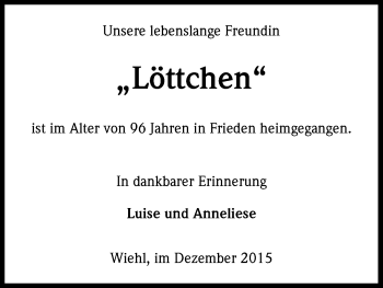 Anzeige von Löttchen  von Kölner Stadt-Anzeiger / Kölnische Rundschau / Express