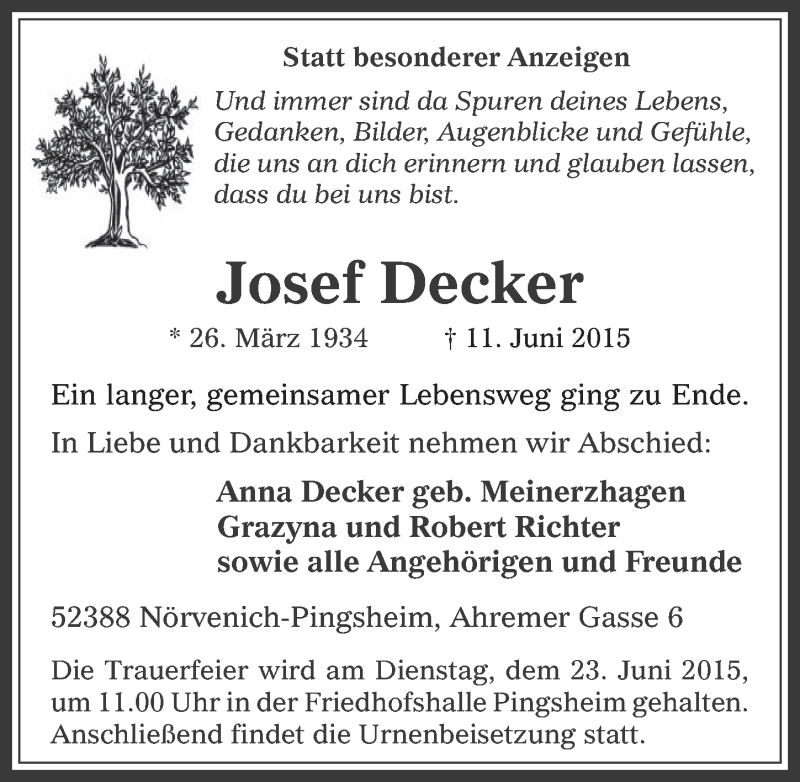  Traueranzeige für Josef Decker vom 17.06.2015 aus  Werbepost 