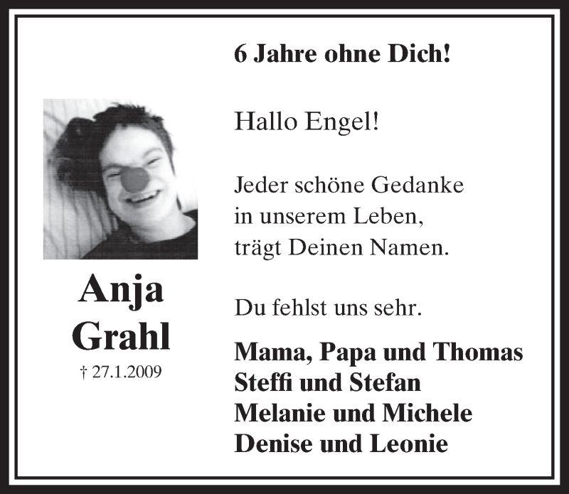  Traueranzeige für Anja Grahl vom 28.01.2015 aus  Schlossbote/Werbekurier 
