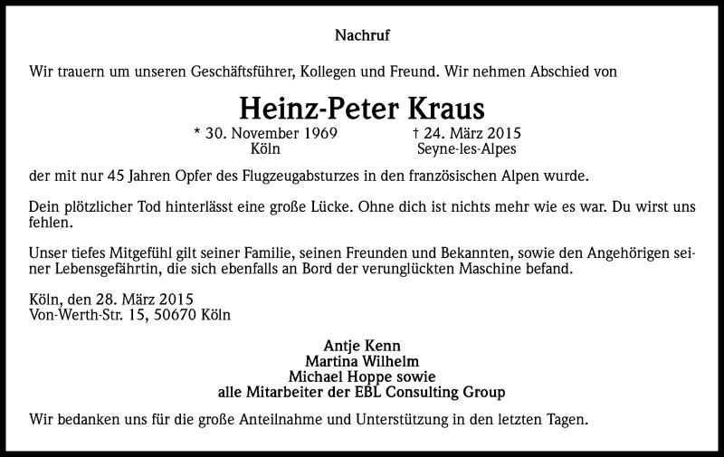  Traueranzeige für Heinz-Peter Kraus vom 28.03.2015 aus Kölner Stadt-Anzeiger / Kölnische Rundschau / Express