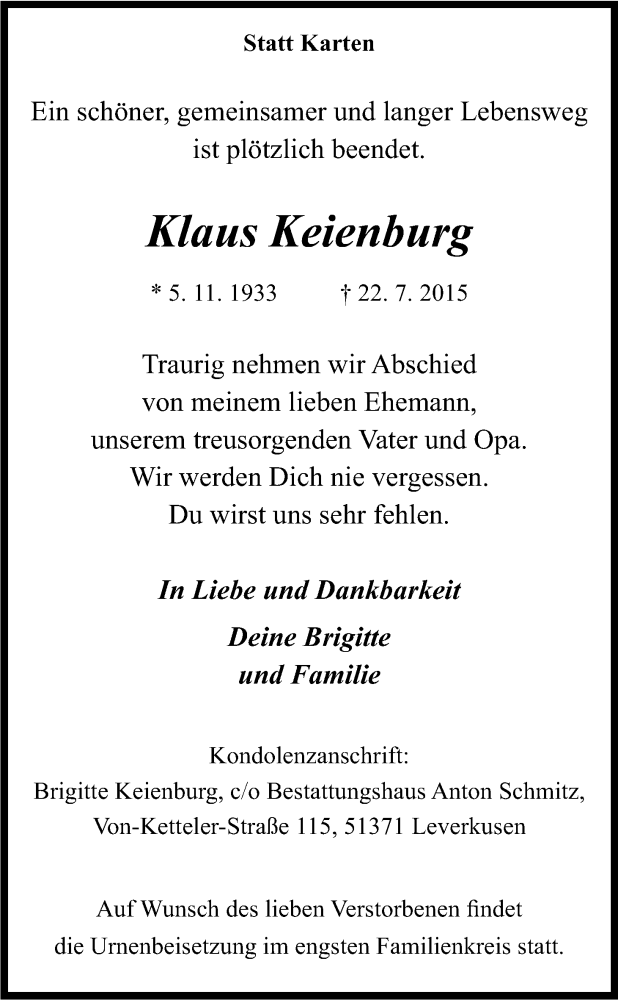  Traueranzeige für Klaus Keienburg vom 25.07.2015 aus Kölner Stadt-Anzeiger / Kölnische Rundschau / Express