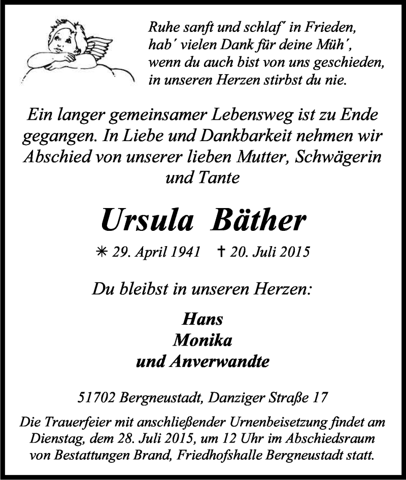  Traueranzeige für Ursula Bäther vom 25.07.2015 aus Kölner Stadt-Anzeiger / Kölnische Rundschau / Express