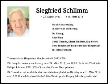 Anzeige von Siegfried Schlimm von Kölner Stadt-Anzeiger / Kölnische Rundschau / Express