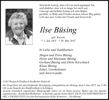 Anzeige von Ilse Büsing von Kölner Stadt-Anzeiger / Kölnische Rundschau / Express