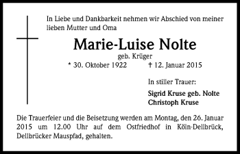 Anzeige von Marie-Luise Nolte von Kölner Stadt-Anzeiger / Kölnische Rundschau / Express