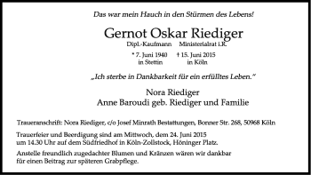 Anzeige von Gernot Oskar Riediger von Kölner Stadt-Anzeiger / Kölnische Rundschau / Express