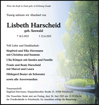 Anzeige von Lisbeth Harscheid von Kölner Stadt-Anzeiger / Kölnische Rundschau / Express
