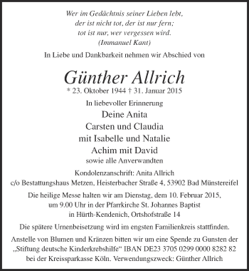 Anzeige von Günther Allrich von  Blickpunkt Euskirchen 