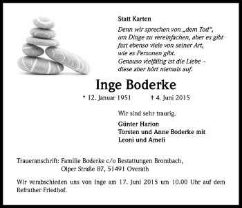 Anzeige von Inge Boderke von Kölner Stadt-Anzeiger / Kölnische Rundschau / Express