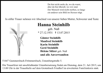 Anzeige von Hanna Steinhilb von Kölner Stadt-Anzeiger / Kölnische Rundschau / Express
