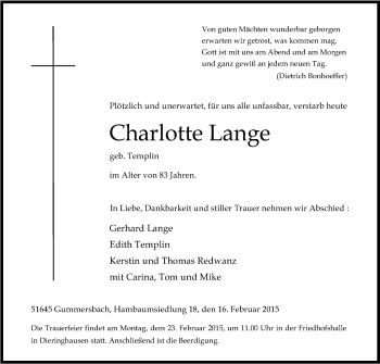 Anzeige von Charlotte Lange von Kölner Stadt-Anzeiger / Kölnische Rundschau / Express