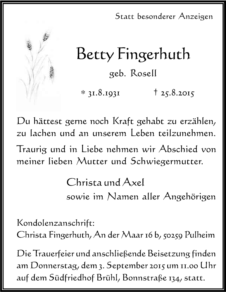  Traueranzeige für Betty Finserhuth vom 29.08.2015 aus Kölner Stadt-Anzeiger / Kölnische Rundschau / Express