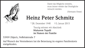 Anzeige von Heinz Peter  Schmitz von  Blickpunkt Euskirchen 