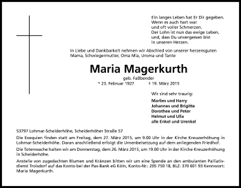 Anzeige von Maria Magerkurth von Kölner Stadt-Anzeiger / Kölnische Rundschau / Express