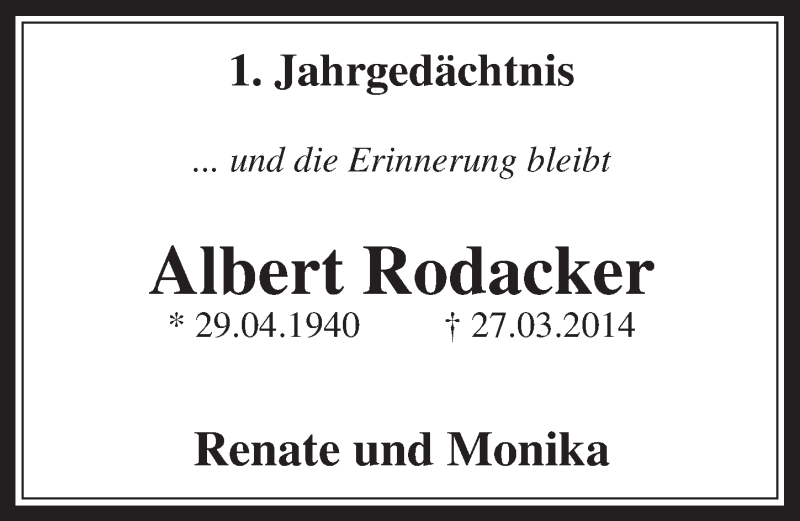  Traueranzeige für Albert Rodacker vom 25.03.2015 aus  Wochenende 