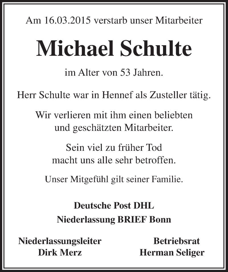  Traueranzeige für Michael Schulte vom 25.03.2015 aus  Extra Blatt 