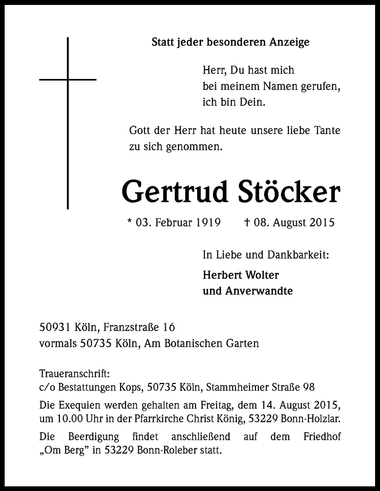  Traueranzeige für Gertrud Stöcker vom 12.08.2015 aus Kölner Stadt-Anzeiger / Kölnische Rundschau / Express