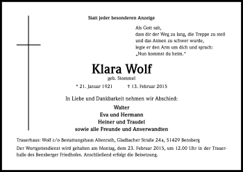 Anzeige von Klara Wolf von Kölner Stadt-Anzeiger / Kölnische Rundschau / Express