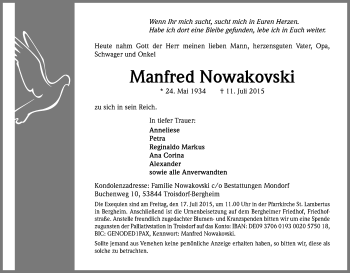 Anzeige von Manfred Nowakovski von Kölner Stadt-Anzeiger / Kölnische Rundschau / Express