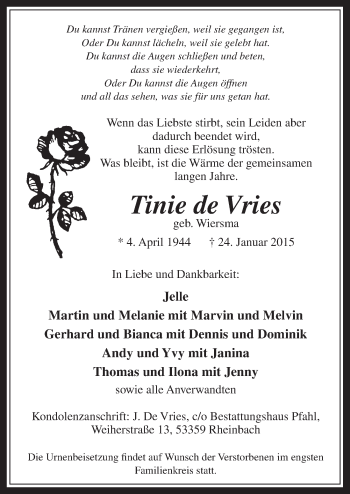 Anzeige von Tinie de Vries von  Blickpunkt Euskirchen 