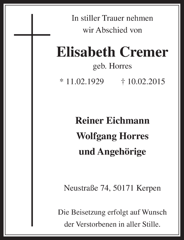  Traueranzeige für Elisabeth Cremer vom 18.02.2015 aus  Werbepost 