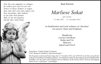 Anzeige von Marliese Sokat von Kölner Stadt-Anzeiger / Kölnische Rundschau / Express