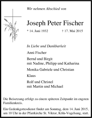 Anzeige von Joseph Peter Fischer von Kölner Stadt-Anzeiger / Kölnische Rundschau / Express
