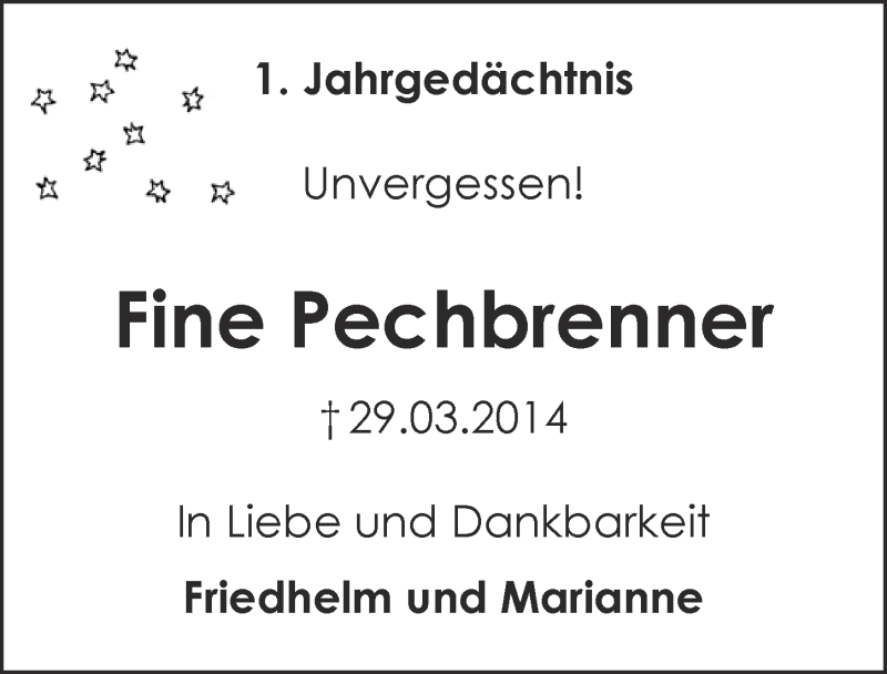 Traueranzeige für Fine Pechbrenner vom 29.03.2015 aus  Blickpunkt Euskirchen 