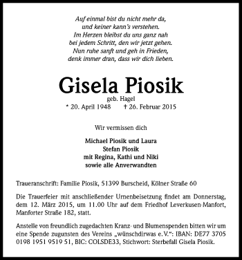 Anzeige von Gisela Piosik von Kölner Stadt-Anzeiger / Kölnische Rundschau / Express