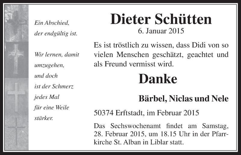  Traueranzeige für Dieter Schütten vom 25.02.2015 aus  Werbepost 