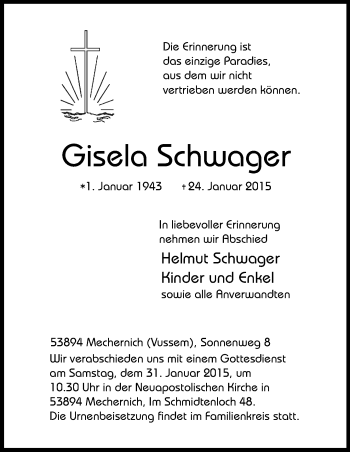 Anzeige von Gisela Schwager von Kölner Stadt-Anzeiger / Kölnische Rundschau / Express
