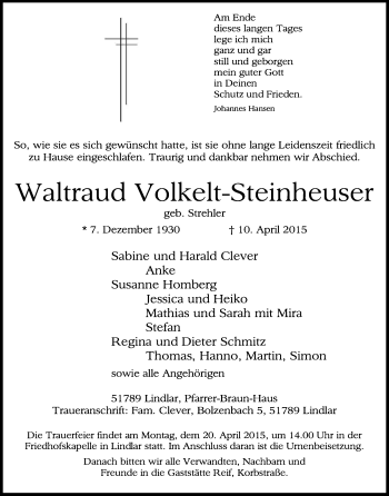 Anzeige von Waltraud Volkelt-Steinheuser von Kölner Stadt-Anzeiger / Kölnische Rundschau / Express