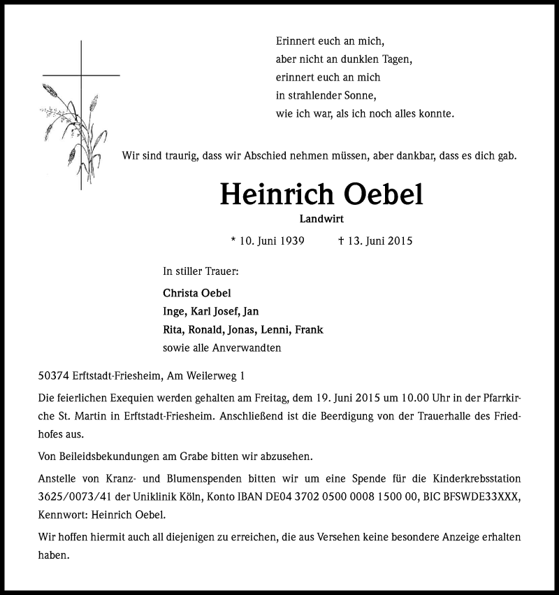  Traueranzeige für Heinrich Oebel vom 17.06.2015 aus Kölner Stadt-Anzeiger / Kölnische Rundschau / Express