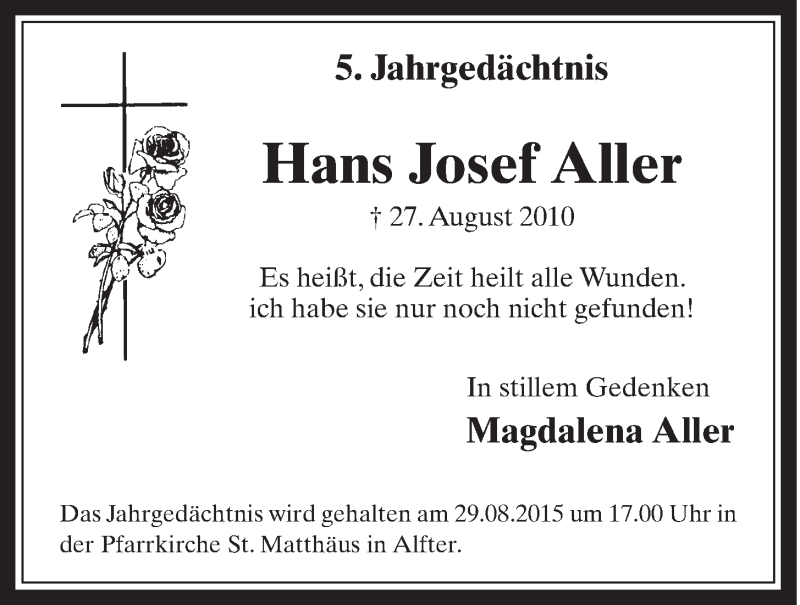  Traueranzeige für Hans Josef Aller vom 26.08.2015 aus  Schaufenster/Blickpunkt 