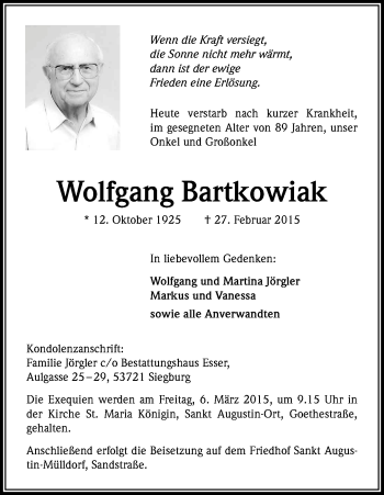 Anzeige von Wolfgang Bartkowiak von Kölner Stadt-Anzeiger / Kölnische Rundschau / Express
