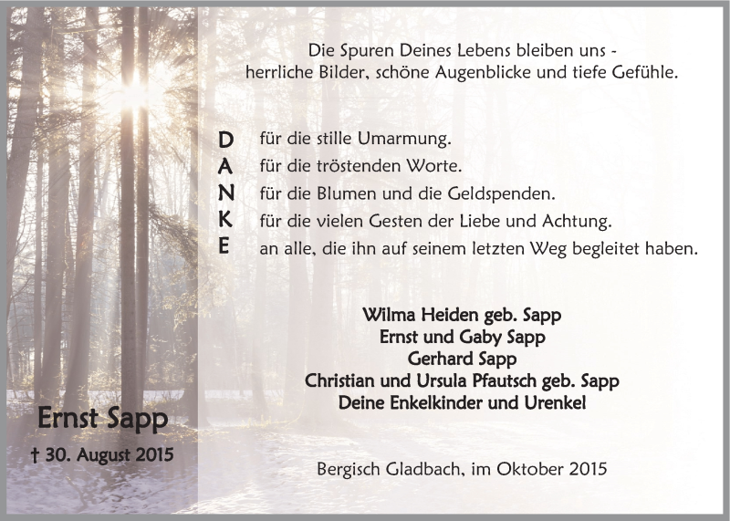  Traueranzeige für Ernst Sapp vom 28.10.2015 aus  Anzeigen Echo 