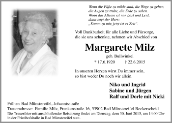 Anzeige von Margarete Milz von  Blickpunkt Euskirchen 
