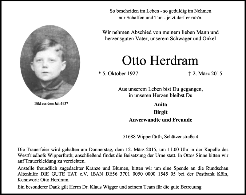  Traueranzeige für Otto Herdram vom 07.03.2015 aus Kölner Stadt-Anzeiger / Kölnische Rundschau / Express