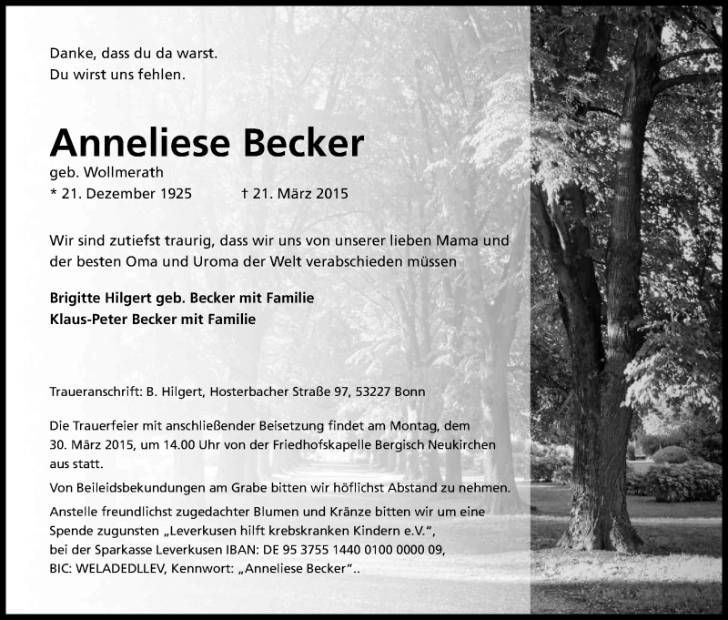  Traueranzeige für Anneliese Becker vom 26.03.2015 aus Kölner Stadt-Anzeiger / Kölnische Rundschau / Express