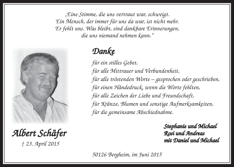  Traueranzeige für Albert Schäfer vom 17.06.2015 aus  Werbepost 