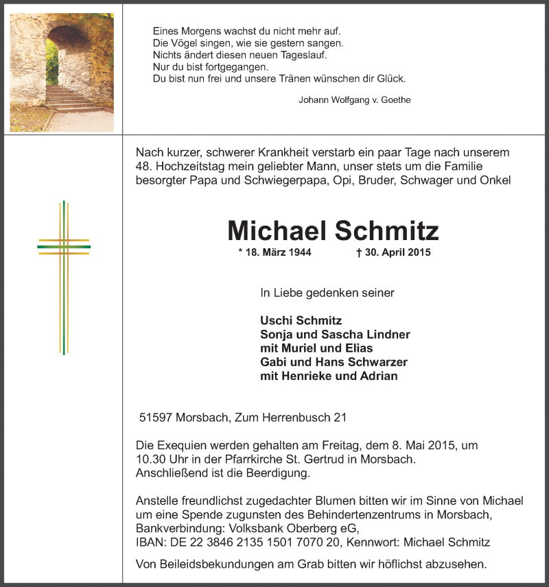  Traueranzeige für Michael Schmitz vom 06.05.2015 aus  Lokalanzeiger 