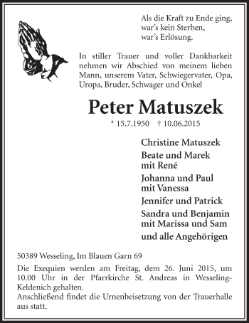 Anzeige von Peter Matuszek von  Schlossbote/Werbekurier 