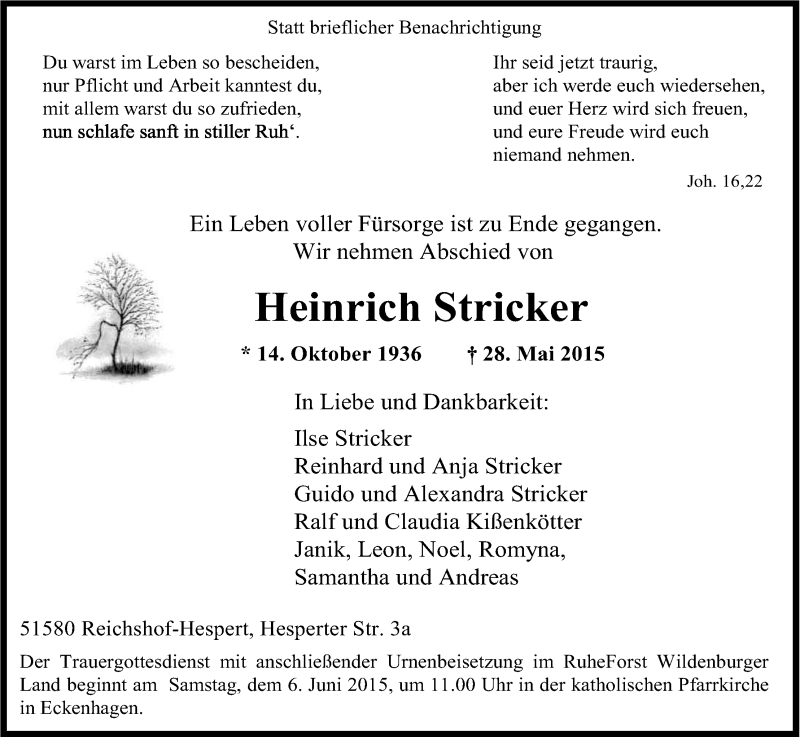 Traueranzeige für Heinrich Stricker vom 01.06.2015 aus Kölner Stadt-Anzeiger / Kölnische Rundschau / Express