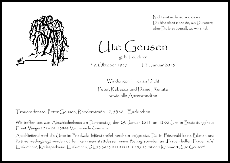  Traueranzeige für Ute Geusen vom 14.01.2015 aus Kölner Stadt-Anzeiger / Kölnische Rundschau / Express