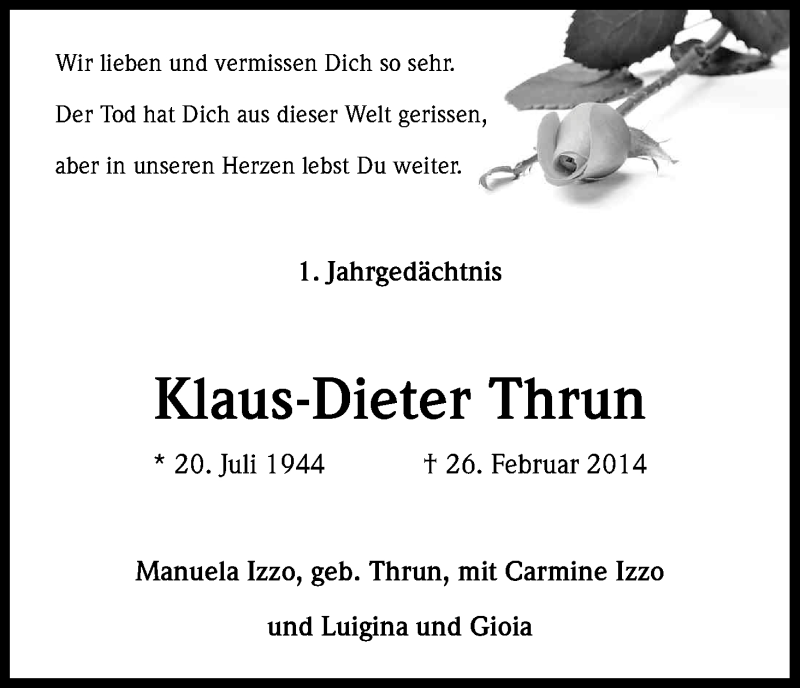  Traueranzeige für Klaus-Dieter Thrun vom 26.02.2015 aus Kölner Stadt-Anzeiger / Kölnische Rundschau / Express
