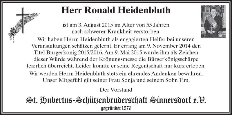  Traueranzeige für Ronald Heidenbluth vom 08.08.2015 aus  Sonntags-Post 