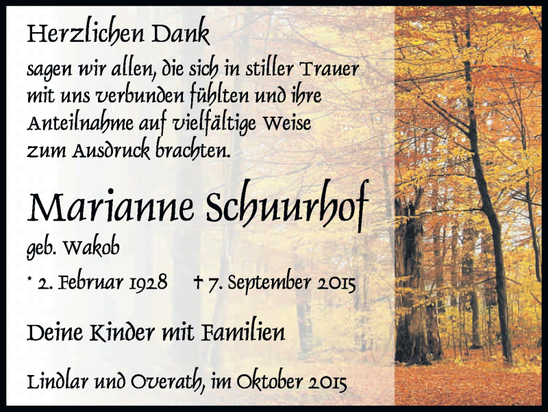  Traueranzeige für Marianne Schuurhof vom 10.10.2015 aus Kölner Stadt-Anzeiger / Kölnische Rundschau / Express