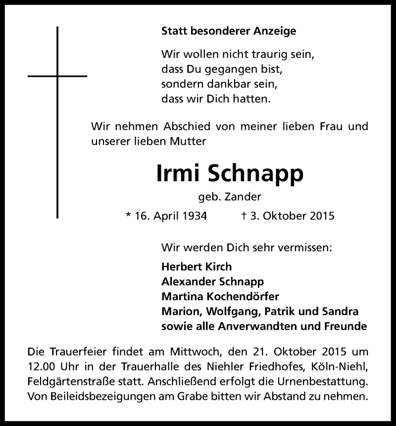  Traueranzeige für Irmi Schnapp vom 17.10.2015 aus Kölner Stadt-Anzeiger / Kölnische Rundschau / Express